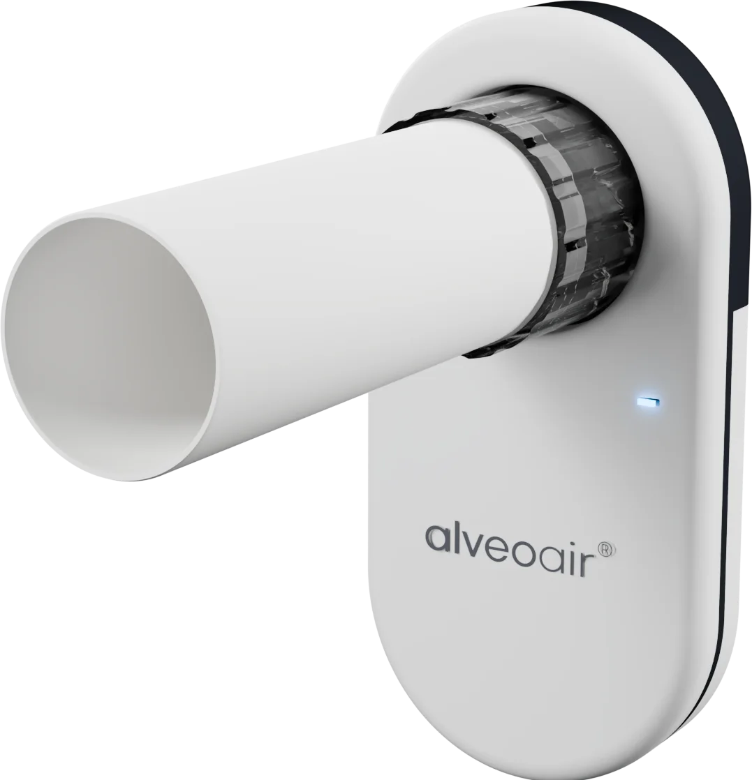 alveoair spirometer with cardboard mouthpiece, three-quarter view