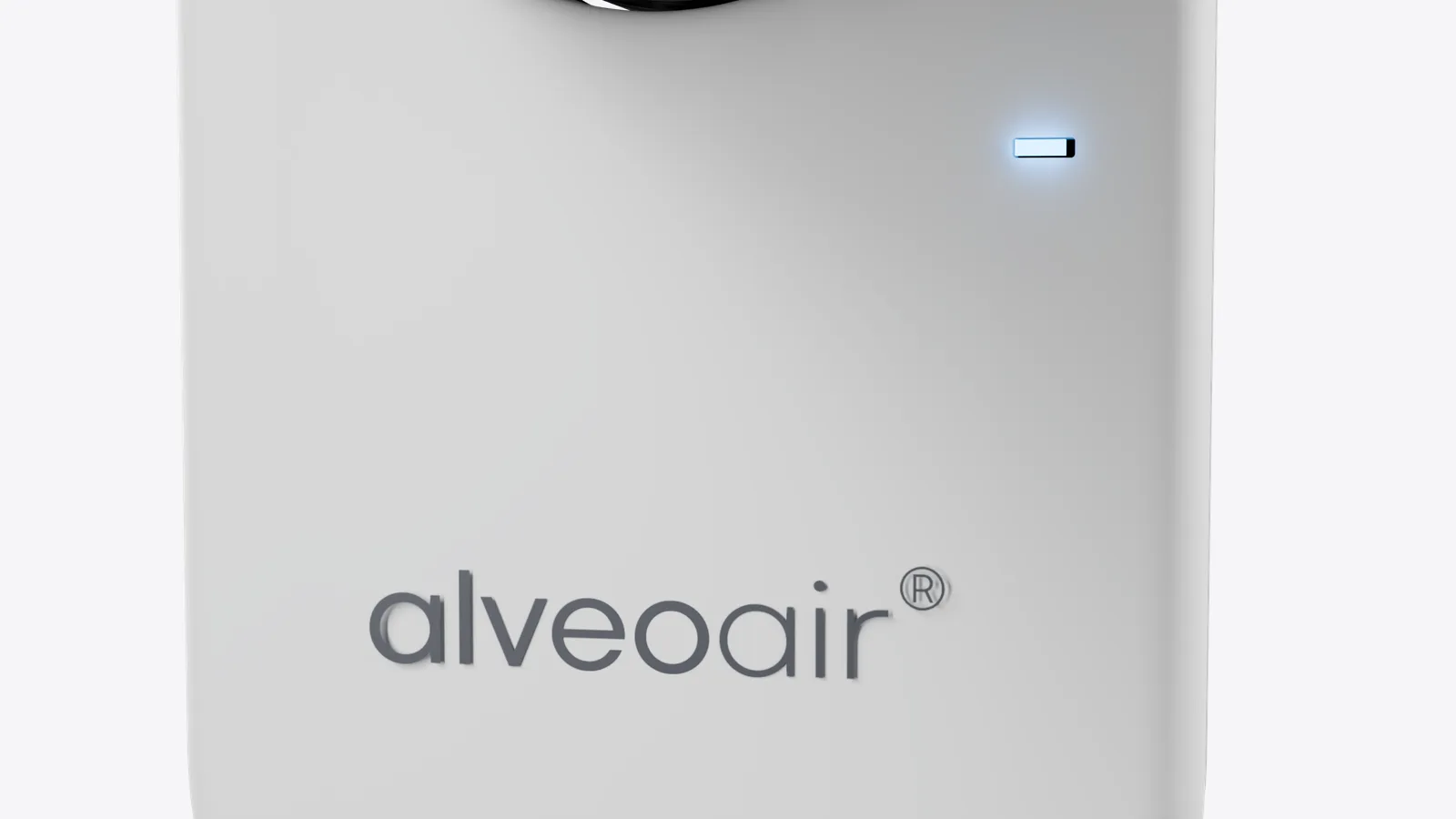 Close-up of the alveoair logo and blue status light