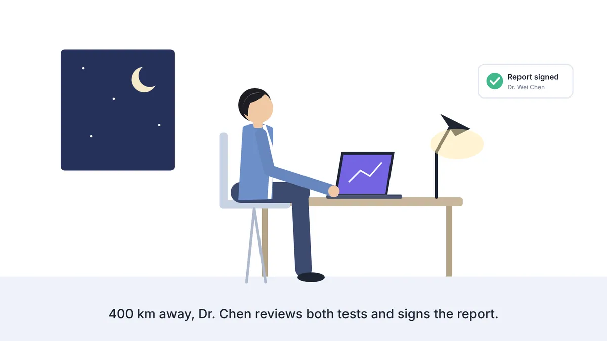 Illustration of a specialist signing a report at night