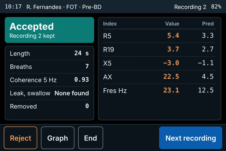 Neo screen: recording accepted with results against predicted
