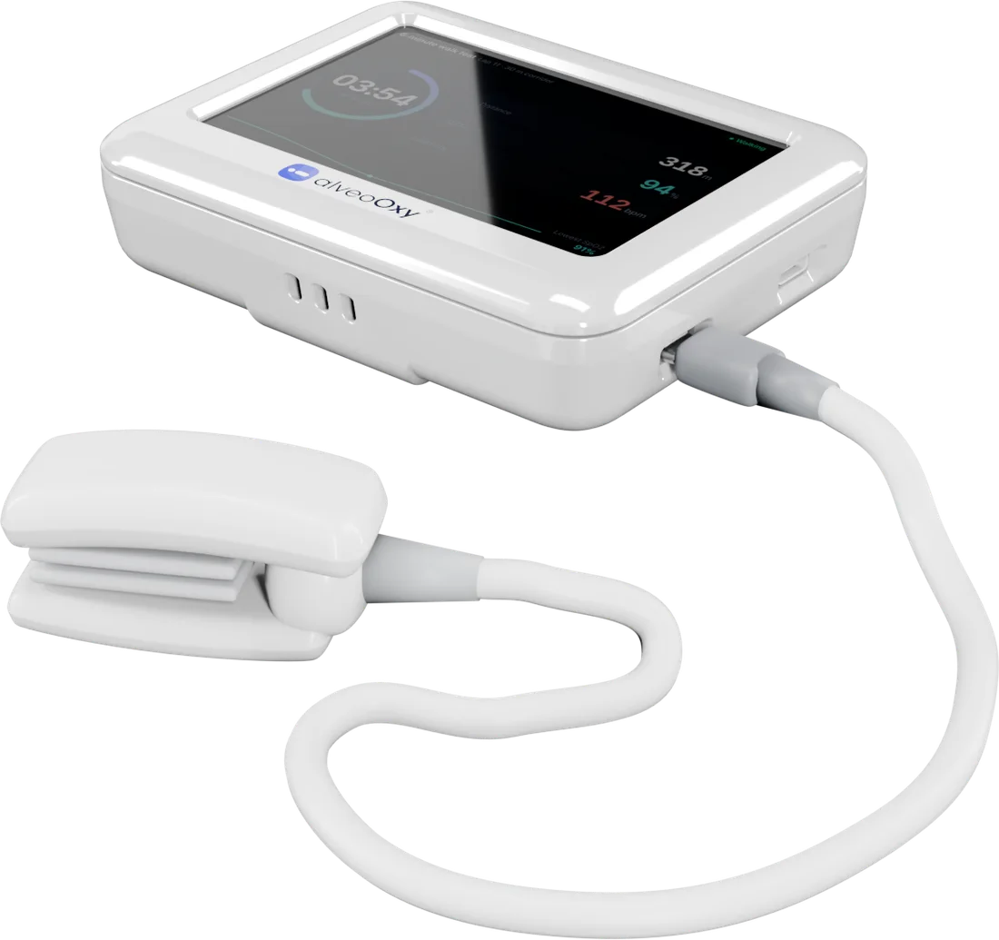 alveoOxy six-minute walk test device with finger probe, showing a walk in progress