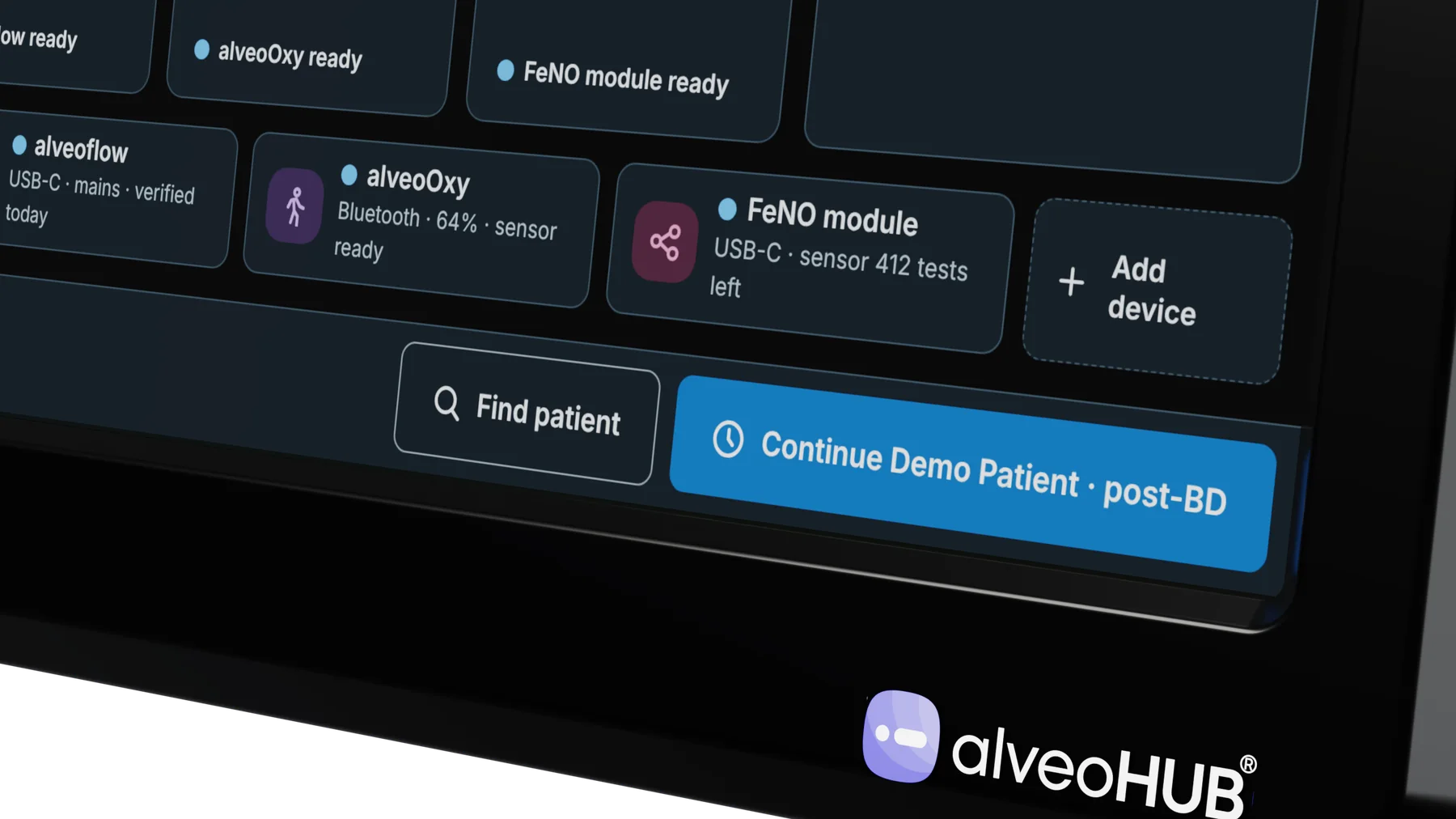 Close-up of the alveoHUB logo on the Hub's black bezel
