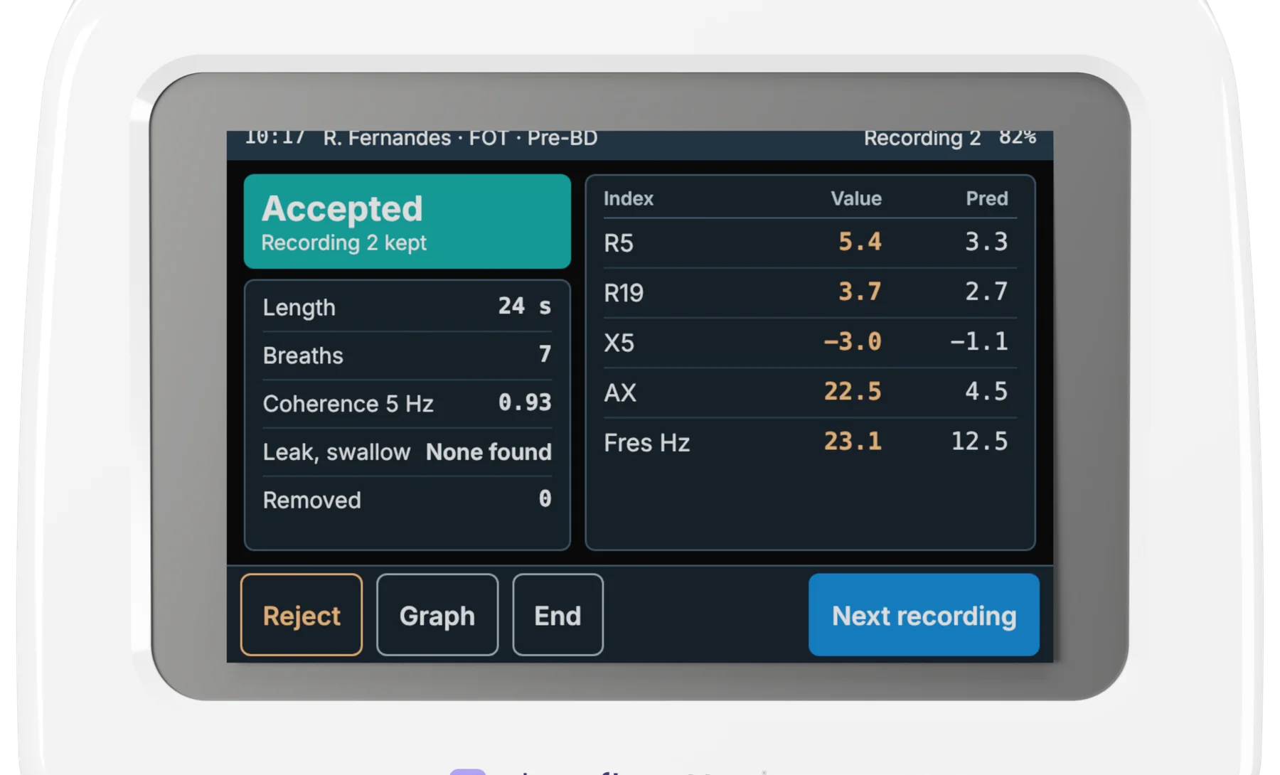 alveoflow Neo screen showing an accepted recording
