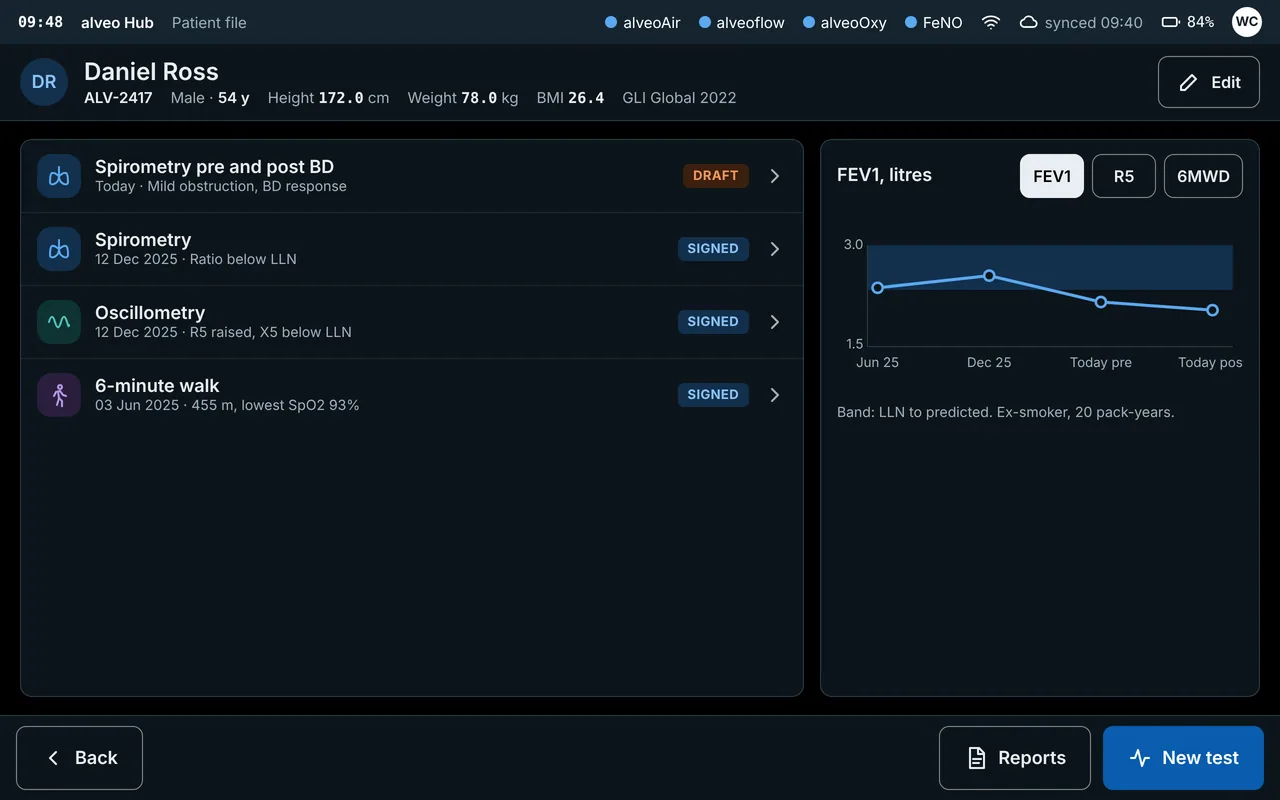 alveoConnect patient file showing spirometry, oscillometry and 6-minute walk results